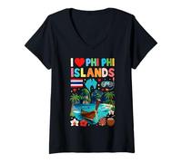 Femme Souvenir de Voyage « I Love Phi Phi Islands » en Thaïlande T-Shirt avec Col en V