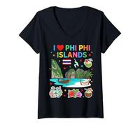 Femme Souvenir de Voyage « I Love Phi Phi Islands » en Thaïlande T-Shirt avec Col en V