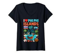 Femme Souvenir de Voyage « I Love Phi Phi Islands » en Thaïlande T-Shirt avec Col en V