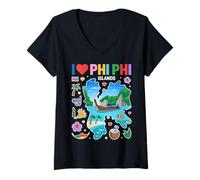Femme Souvenir de Voyage « I Love Phi Phi Islands » en Thaïlande T-Shirt avec Col en V