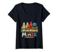 Femme Souvenir de Voyage Minsk Biélorussie dessiné à la Main T-Shirt avec Col en V