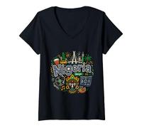 Femme Souvenir de Voyage Nigeria dessiné à la Main T-Shirt avec Col en V