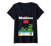 Femme Souvenir de Voyage pour Amoureux de la Plage des Maldives Drapeau des Maldives Vacances T-Shirt avec Col en V