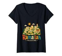 Femme Souvenir de Voyage Ramallah Palestine dessiné à la Main T-Shirt avec Col en V