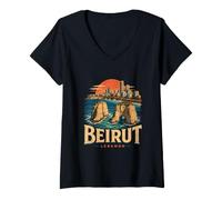 Femme Souvenir de Voyage Vintage Beyrouth Liban Cadeau Monument T-Shirt avec Col en V