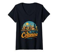 Femme Souvenir de Voyage Vintage Cotonou Bénin T-Shirt avec Col en V