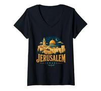 Femme Souvenir de Voyage Vintage de Jérusalem Israël T-Shirt avec Col en V