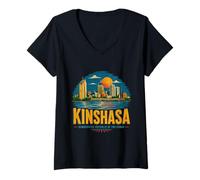 Femme Souvenir de Voyage Vintage Kinshasa RD Congo T-Shirt avec Col en V