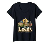 Femme Souvenir de Voyage Vintage Leeds Angleterre Royaume-Uni T-Shirt avec Col en V