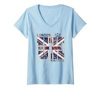 Femme Souvenir London City UK Drapeau Britannique T-Shirt avec Col en V, Bleu Céleste, XXL
