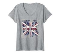 Femme Souvenir London City UK Drapeau Britannique T-Shirt avec Col en V, Gris Chiné, M
