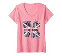 Femme Souvenir London City UK Drapeau Britannique T-Shirt avec Col en V, Rose, L