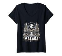 Femme Souvenir rétro de Malaga Espagne | Costa Del Sol Travel T-Shirt avec Col en V