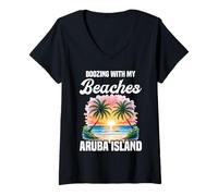 Femme Souvenirs de l'île d'Aruba Fan Boozing Beach Île d'Aruba T-Shirt avec Col en V