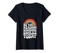 Femme Soyez la Raison pour laquelle Quelqu'un sourit avec gentillesse Groovy Rainbow Retro T-Shirt avec Col en V