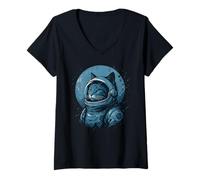 Femme Space Cat Style vintage Bleu vieilli T-Shirt avec Col en V
