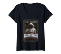 Femme « Space Freedom Shall Prevail » Motif Astronaute de Science-Fiction de la Seconde Guerre Mondiale T-Shirt avec Col en V