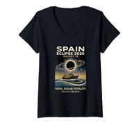 Femme Spain Total Solar Eclipse 2026 12 août Visualisation des navires de croisière T-Shirt avec Col en V