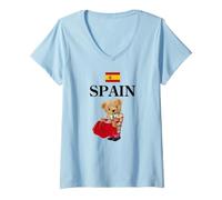 Femme Spanish Teddy Bear Bull Fighter, Spain Illustration Graphic T-Shirt avec Col en V