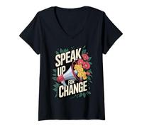 Femme Speak Up for Change Empowerment Mégaphone Activiste Floral T-Shirt avec Col en V