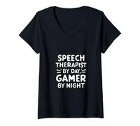 Femme Speech Therapist by Day Gamer by Night Language Pathology T-Shirt avec Col en V