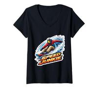Femme Speed Junkie Snowboardeur Accro au Snowboard T-Shirt avec Col en V