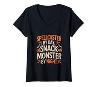 Femme Spellcaster by Day Snack Monster by Night Halloween T-Shirt avec Col en V