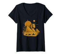 Femme Sphinx égyptien et Pyramide Art Egypte Désert Camel Caravane T-Shirt avec Col en V