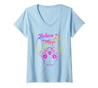 Femme Sphynx Cat Believe in Magic Magical Funny Kitty Cat Lover T-Shirt avec Col en V, Bleu Céleste, L