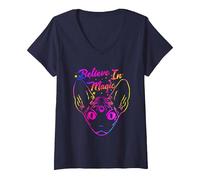 Femme Sphynx Cat Believe in Magic Magical Funny Kitty Cat Lover T-Shirt avec Col en V, Bleu Marine, XL