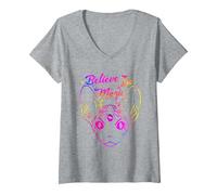 Femme Sphynx Cat Believe in Magic Magical Funny Kitty Cat Lover T-Shirt avec Col en V, Gris Chiné, XXL