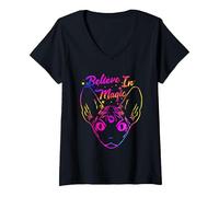 Femme Sphynx Cat Believe in Magic Magical Funny Kitty Cat Lover T-Shirt avec Col en V, Noir, L