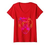 Femme Sphynx Cat Believe in Magic Magical Funny Kitty Cat Lover T-Shirt avec Col en V, Rouge, XL