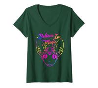 Femme Sphynx Cat Believe in Magic Magical Funny Kitty Cat Lover T-Shirt avec Col en V, Vert Forêt, M