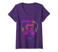 Femme Sphynx Cat Believe in Magic Magical Funny Kitty Cat Lover T-Shirt avec Col en V, Violet, L