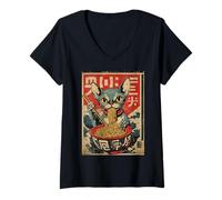 Femme Sphynx Cat Ramen Nouilles Ukiyo-e Cuisine Japonaise Art T-Shirt avec Col en V