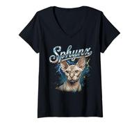 Femme Sphynx Vintage Années 90 Rétro Drôle Sphynx Propriétaire Chat Amoureux des Chats T-Shirt avec Col en V