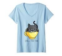 Femme Spill The Tea Tasse à thé Motif Chat Mignon dans l'après-midi T-Shirt avec Col en V