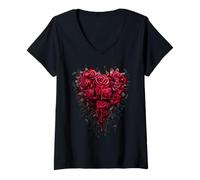 Femme Spiral Original - Cœur saignant - Roses gothiques T-Shirt avec Col en V