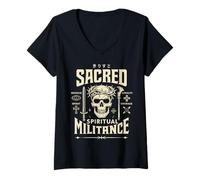 Femme Spiritual Warfare Crâne Gothique chrétien Jésus Guerrier Art T-Shirt avec Col en V
