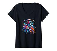 Femme Splash Art Faucheur Halloween Fantôme Mort T-Shirt avec Col en V
