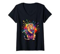 Femme Splash Art Flute Lion Flautist T-Shirt avec Col en V
