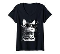 Femme Splash Art Grunge Style Chat du Bengale Portant des Nuances T-Shirt avec Col en V
