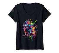 Femme Splash Art Marmoset DJ Headphones T-Shirt avec Col en V