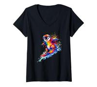 Femme Splash Art Penguin Snowboard Snowboarding Snowboarder T-Shirt avec Col en V