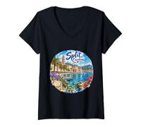 Femme Split Croatie, Village vénitien Romantique péninsule balnéaire T-Shirt avec Col en V