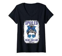 Femme Spoiled By My Blue Collar Man Messy Bun Cols bleus T-Shirt avec Col en V