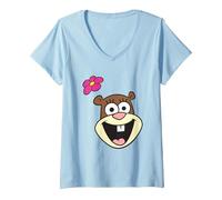 Femme Spongebob Squarepants Cheerful Sandy Cheeks Big Face T-Shirt avec Col en V, Bleu Céleste, L
