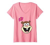 Femme Spongebob Squarepants Cheerful Sandy Cheeks Big Face T-Shirt avec Col en V, Rose, M