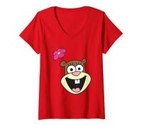 Femme Spongebob Squarepants Cheerful Sandy Cheeks Big Face T-Shirt avec Col en V, Rouge, S